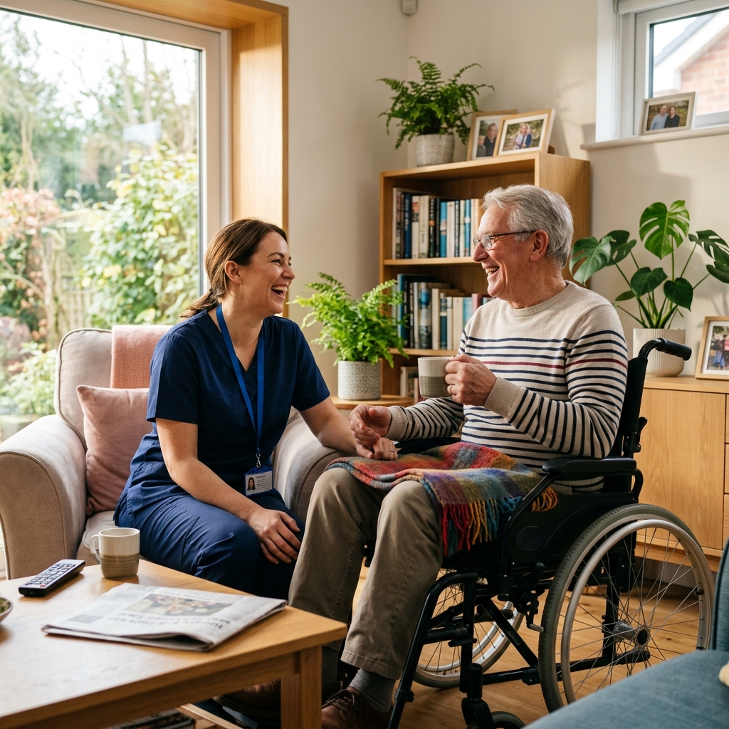 Friendly support worker laughing and holding hands with a happy elderly gentleman in a wheelchair